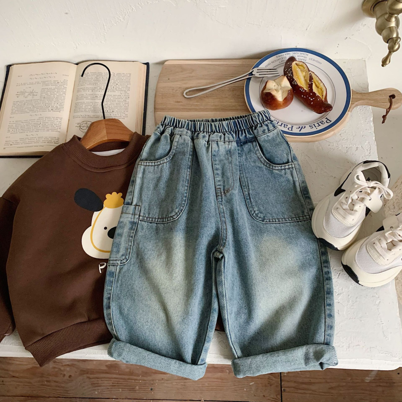 Gyerek farmernadrág, koreai stílus, homokos mosás, pamut, középső derekú