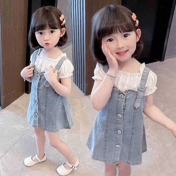 Lányok nyári két részes szettje: denim pántos szoknya és rövid ujjú felső, anyag: denim és pamut, fő anyag poliészter 31-50%, 8 évesnél idősebbeknek