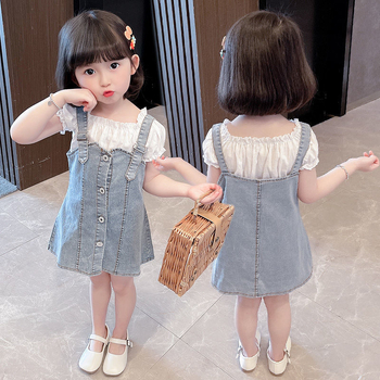 Lányok nyári két részes szettje: denim pántos szoknya és rövid ujjú felső, anyag: denim és pamut, fő anyag poliészter 31-50%, 8 évesnél idősebbeknek