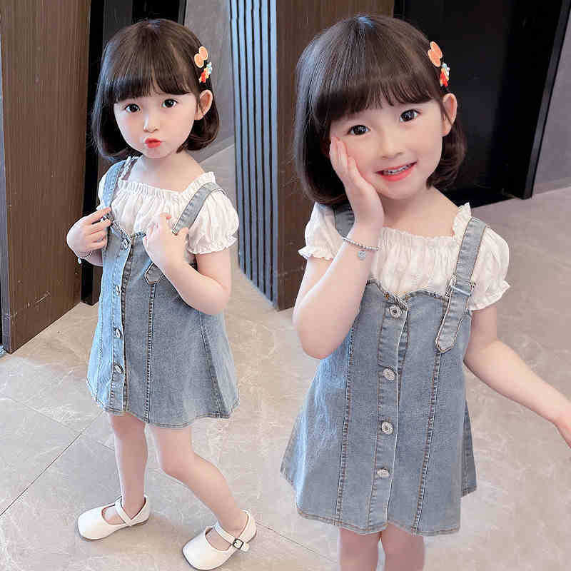 Lányok nyári két részes szettje: denim pántos szoknya és rövid ujjú felső, anyag: denim és pamut, fő anyag poliészter 31-50%, 8 évesnél idősebbeknek