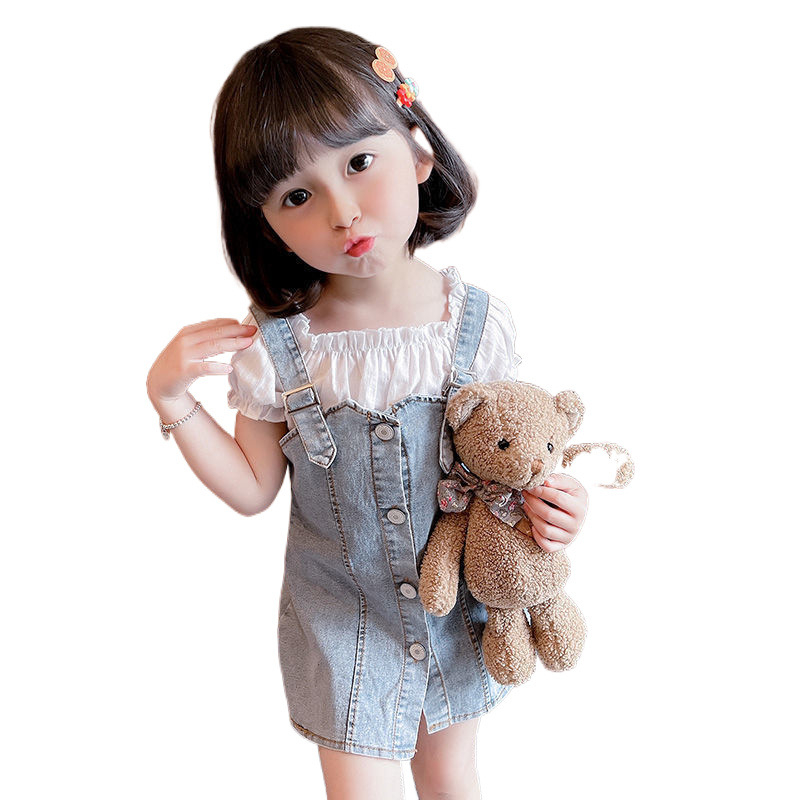 Lányok nyári két részes szettje: denim pántos szoknya és rövid ujjú felső, anyag: denim és pamut, fő anyag poliészter 31-50%, 8 évesnél idősebbeknek