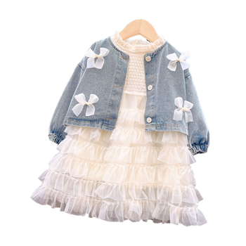 Set de două piese: rochie și jachetă din denim pentru fetițe, mâneci lungi, 80% poliester, pentru vârsta 3–8 ani, stil coreean