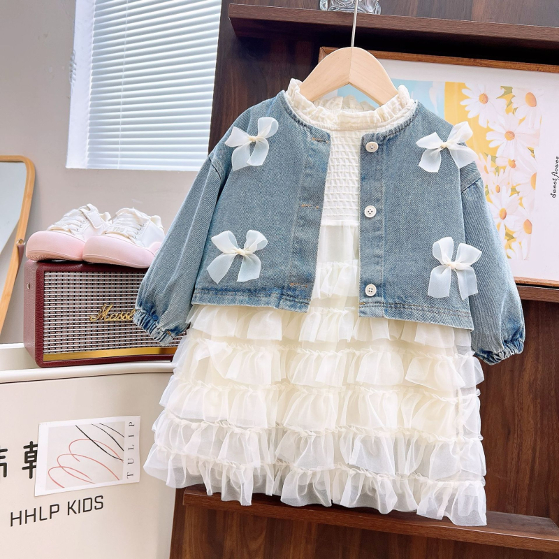 Set de două piese: rochie și jachetă din denim pentru fetițe, mâneci lungi, 80% poliester, pentru vârsta 3–8 ani, stil coreean