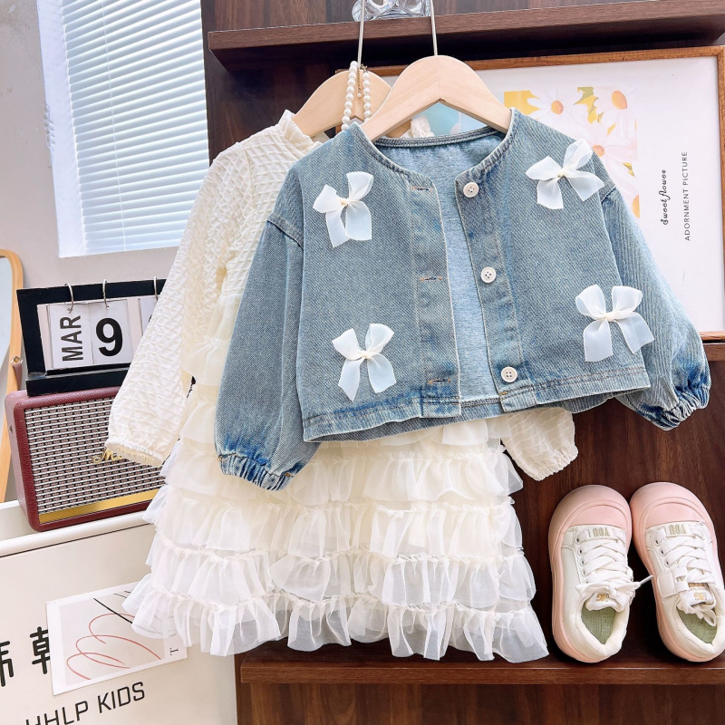 Set de două piese: rochie și jachetă din denim pentru fetițe, mâneci lungi, 80% poliester, pentru vârsta 3–8 ani, stil coreean