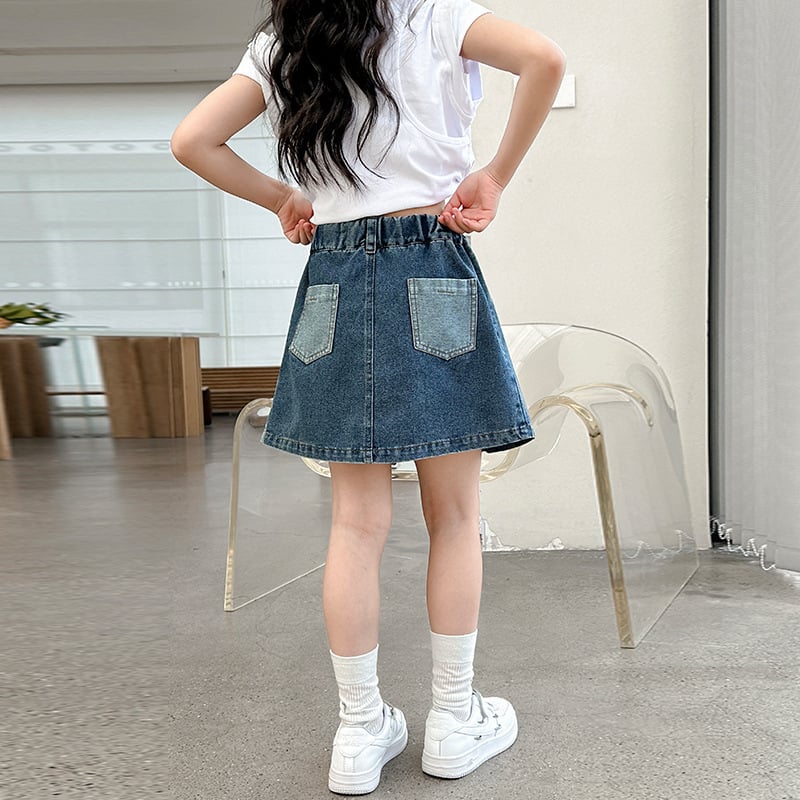 Djevojčice denim plisirana suknja A-linije, ljeto 2025, 70% poliester, za djecu preko 8 godina