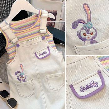 Set fustă cu suspensor pentru fete, stil coreean, două piese, vară, bumbac-poliester, fără mâneci, imprimeu desene animate, vârsta 3–8 ani