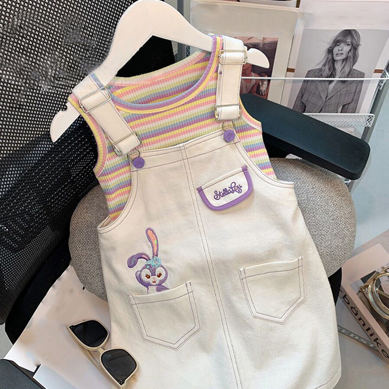 Set fustă cu suspensor pentru fete, stil coreean, două piese, vară, bumbac-poliester, fără mâneci, imprimeu desene animate, vârsta 3–8 ani