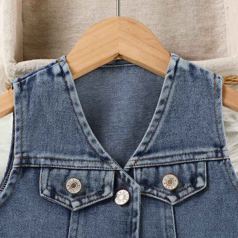 Dječji ljetni dvodijelni komplet: denim prsluk i plisirana suknja, bez rukava, jedne boje, poliester 90%