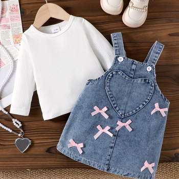 Kétrészes gyerek denim szett: hosszú ujjú pántos szoknya és masni, 65% pamut, puha felület, tavasz–ősz, 1-3 éveseknek