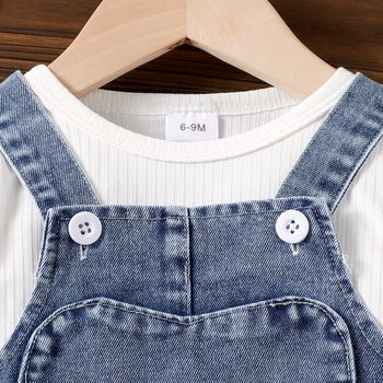 Kétrészes gyerek denim szett: hosszú ujjú pántos szoknya és masni, 65% pamut, puha felület, tavasz–ősz, 1-3 éveseknek