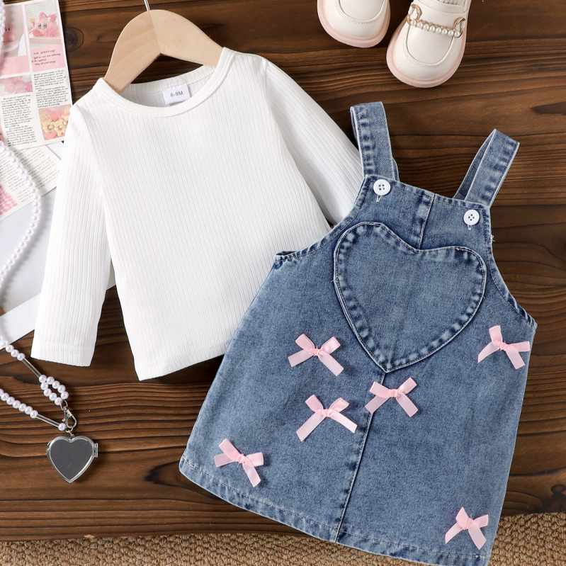 Kétrészes gyerek denim szett: hosszú ujjú pántos szoknya és masni, 65% pamut, puha felület, tavasz–ősz, 1-3 éveseknek