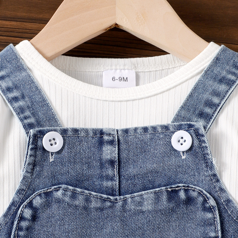Kétrészes gyerek denim szett: hosszú ujjú pántos szoknya és masni, 65% pamut, puha felület, tavasz–ősz, 1-3 éveseknek