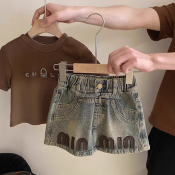 Dječja traper suknja za djevojčice s uzorkom slova, pamukova smjesa 81–90%, korejski stil, ljeto 2024, za uzrast 3–8 godina