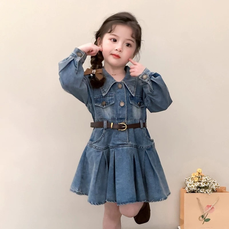 Koreai stílusú pólónyakú pamut-denim ruha lányoknak, A-vonalú szabás, egyszínű, 3–8 év közötti gyerekeknek, 2025 ősz