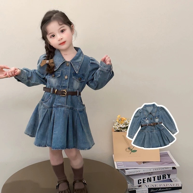 Koreai stílusú pólónyakú pamut-denim ruha lányoknak, A-vonalú szabás, egyszínű, 3–8 év közötti gyerekeknek, 2025 ősz