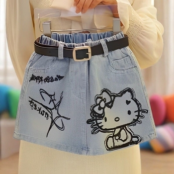 Djevojačka traper suknja s printom, A‑linija, cartoon uzorak, 67% pamuka, za uzrast 3–8 godina, ljeto 2025