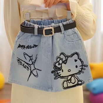 Djevojačka traper suknja s printom, A‑linija, cartoon uzorak, 67% pamuka, za uzrast 3–8 godina, ljeto 2025