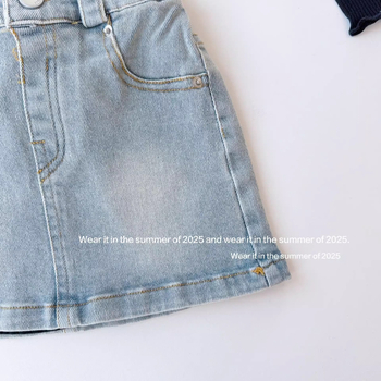 Dječja denim A-linijska suknja - denim tkanina, 90% pamuk; podstava 71–80% pamuk; za dob 3–8 godina; ljeto 2025