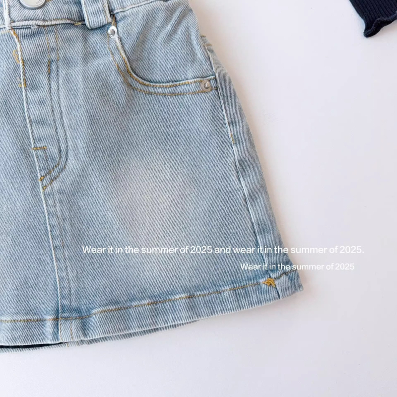 Dječja denim A-linijska suknja - denim tkanina, 90% pamuk; podstava 71–80% pamuk; za dob 3–8 godina; ljeto 2025