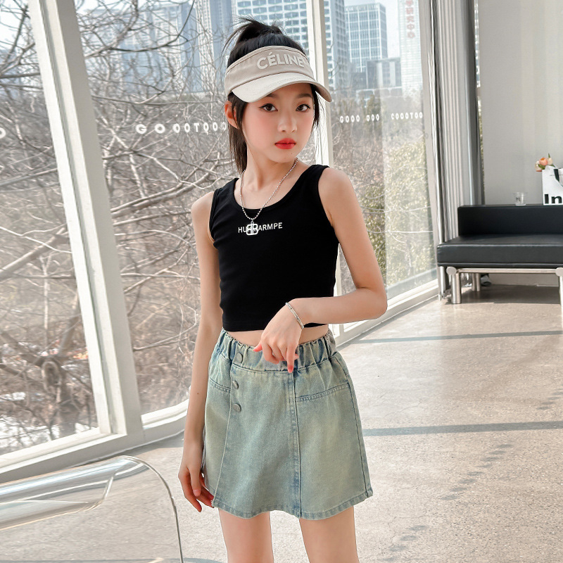 Lányoknak szóló farmer rövidnadrág, koreai stílus, magas derék, elasztikus öv, nyár 2025