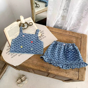 Lányoknak szóló denimszövetből készült mellény és szoknya szett – ujjatlan, nyári két részes szett, 90% pamut, koreai stílus