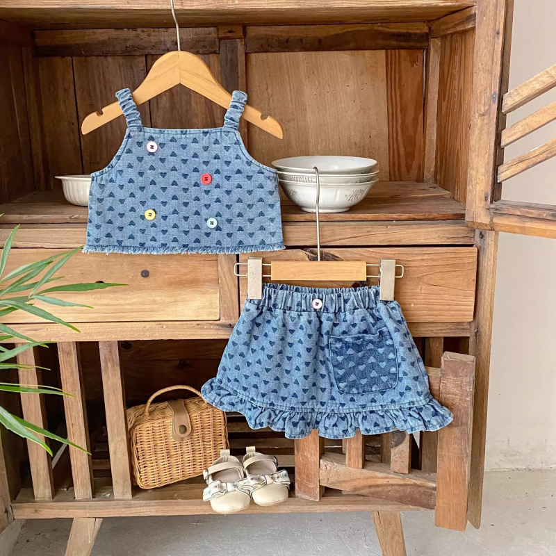 Lányoknak szóló denimszövetből készült mellény és szoknya szett – ujjatlan, nyári két részes szett, 90% pamut, koreai stílus