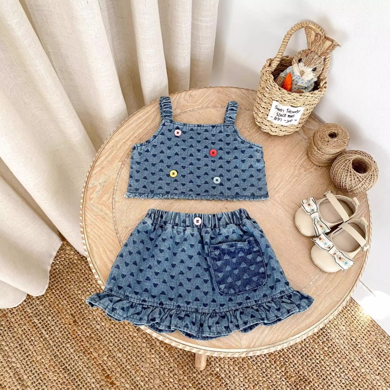 Lányoknak szóló denimszövetből készült mellény és szoknya szett – ujjatlan, nyári két részes szett, 90% pamut, koreai stílus