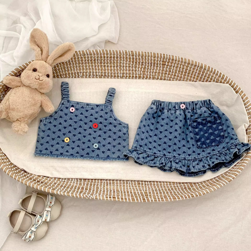 Lányoknak szóló denimszövetből készült mellény és szoknya szett – ujjatlan, nyári két részes szett, 90% pamut, koreai stílus