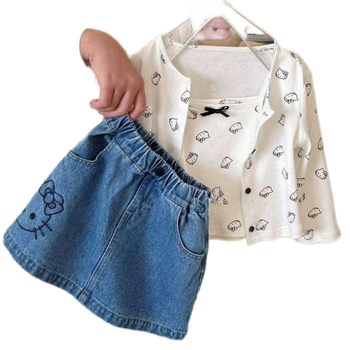 Koreai stílusú denim miniszoknya lányoknak, cartoon mintával, nyár 2025, 3–8 éveseknek (100–140 cm), anyagösszetétel 50%