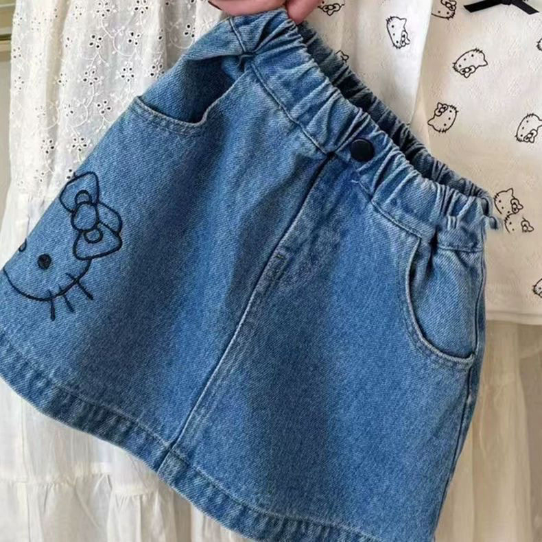 Koreai stílusú denim miniszoknya lányoknak, cartoon mintával, nyár 2025, 3–8 éveseknek (100–140 cm), anyagösszetétel 50%
