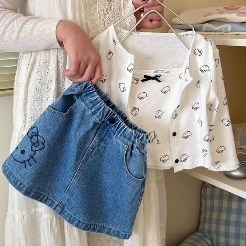 Koreai stílusú denim miniszoknya lányoknak, cartoon mintával, nyár 2025, 3–8 éveseknek (100–140 cm), anyagösszetétel 50%