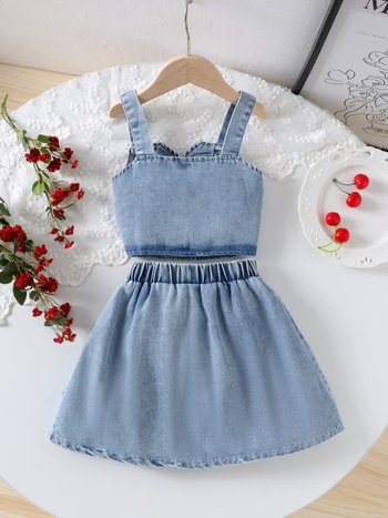 Két darabos gyerek szett: hímzett denim mellény vállpántokkal és rövid szoknya