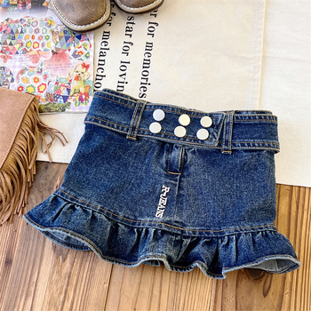 Lányoknak japán stílusú A-vonalú denim szoknya betűmintával, 55% pamut, puha felületkezelés, 3–8 éveseknek, nyár 2024