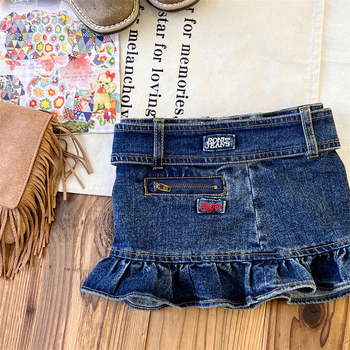 Lányoknak japán stílusú A-vonalú denim szoknya betűmintával, 55% pamut, puha felületkezelés, 3–8 éveseknek, nyár 2024