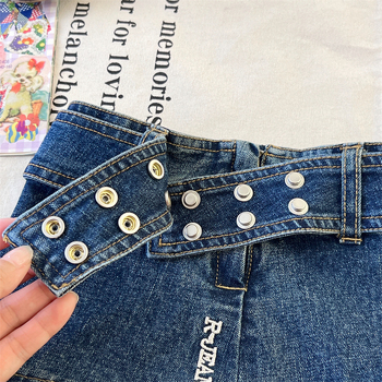 Lányoknak japán stílusú A-vonalú denim szoknya betűmintával, 55% pamut, puha felületkezelés, 3–8 éveseknek, nyár 2024