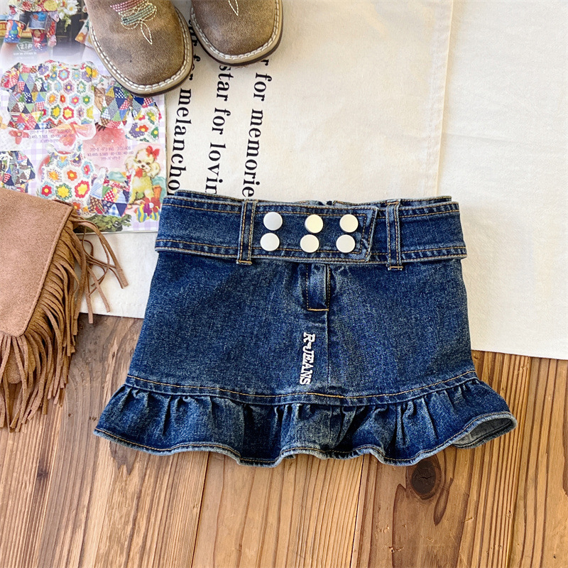 Lányoknak japán stílusú A-vonalú denim szoknya betűmintával, 55% pamut, puha felületkezelés, 3–8 éveseknek, nyár 2024