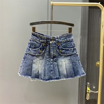 Dječja denim suknja A-linije s elastičnim pojasom, plisirana i s rasparenim rubom, korejski stil, proljeće-ljeto 2026