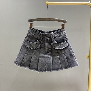 Dječja denim suknja A-linije s elastičnim pojasom, plisirana i s rasparenim rubom, korejski stil, proljeće-ljeto 2026