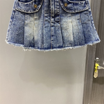 Dječja denim suknja A-linije s elastičnim pojasom, plisirana i s rasparenim rubom, korejski stil, proljeće-ljeto 2026