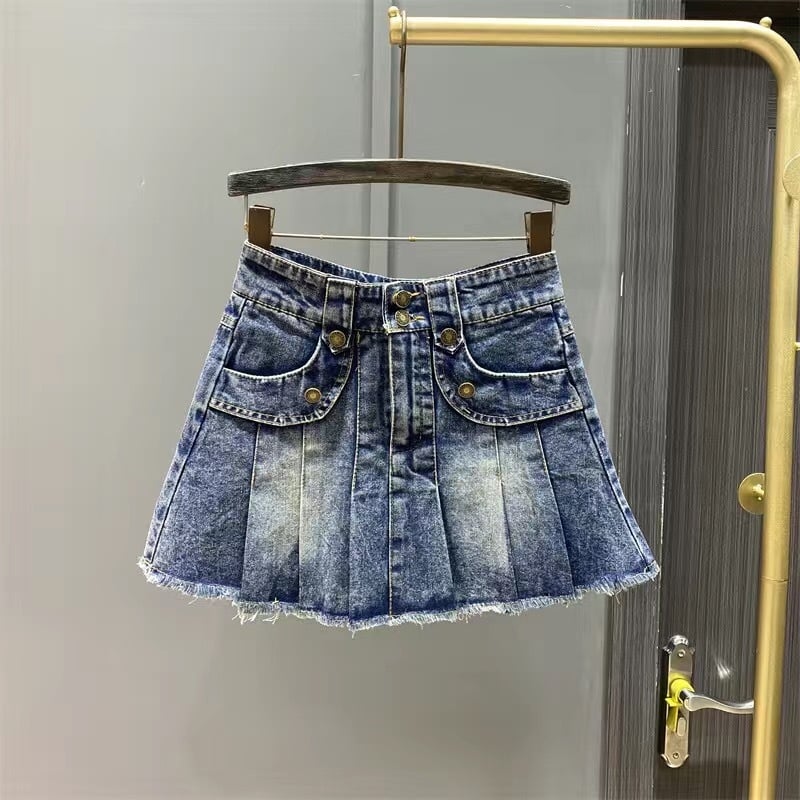 Dječja denim suknja A-linije s elastičnim pojasom, plisirana i s rasparenim rubom, korejski stil, proljeće-ljeto 2026