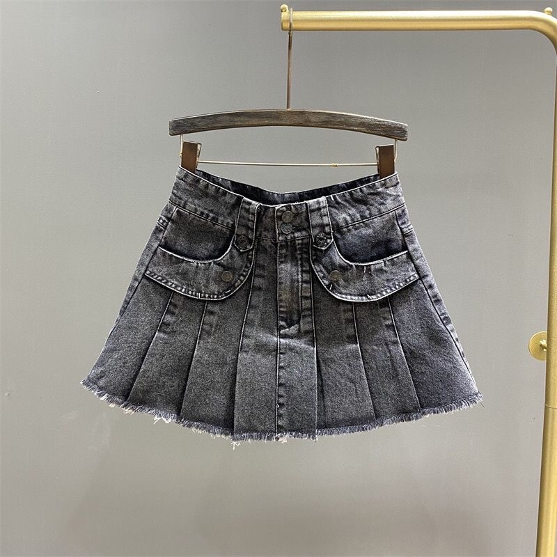 Dječja denim suknja A-linije s elastičnim pojasom, plisirana i s rasparenim rubom, korejski stil, proljeće-ljeto 2026