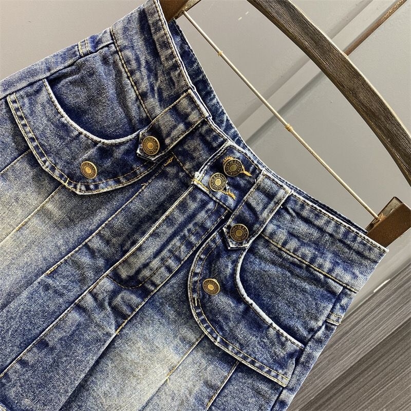 Dječja denim suknja A-linije s elastičnim pojasom, plisirana i s rasparenim rubom, korejski stil, proljeće-ljeto 2026