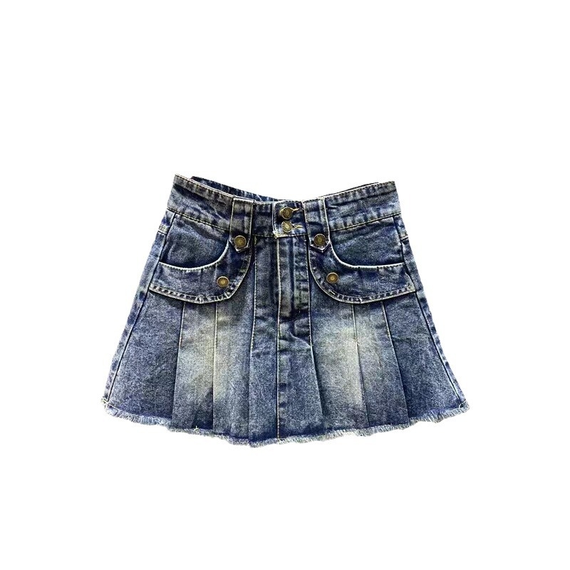 Dječja denim suknja A-linije s elastičnim pojasom, plisirana i s rasparenim rubom, korejski stil, proljeće-ljeto 2026