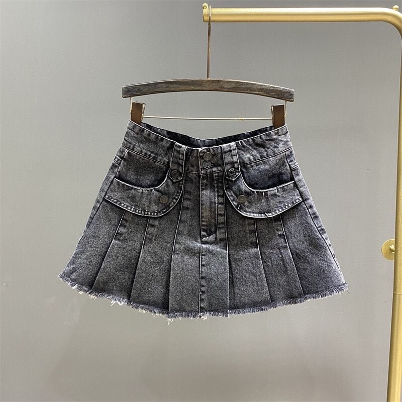 Dječja denim suknja A-linije s elastičnim pojasom, plisirana i s rasparenim rubom, korejski stil, proljeće-ljeto 2026