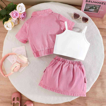 Set din denim pentru fetițe de trei piese: jachetă, bretele și fustă din denim - mâneci scurte, denim din bumbac, vară, vârsta 3–8 ani