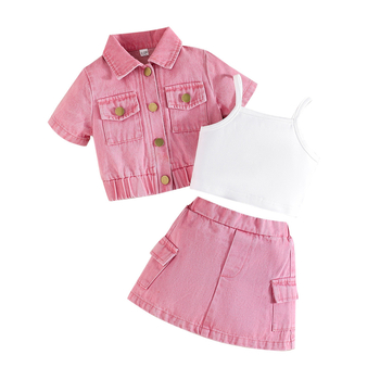 Set din denim pentru fetițe de trei piese: jachetă, bretele și fustă din denim - mâneci scurte, denim din bumbac, vară, vârsta 3–8 ani