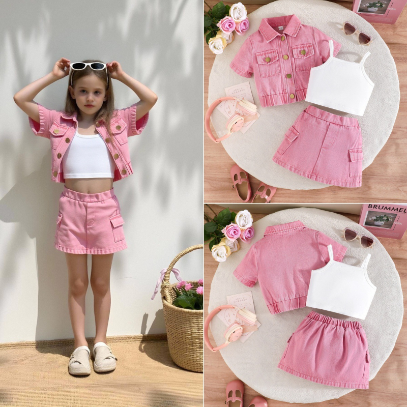 Set din denim pentru fetițe de trei piese: jachetă, bretele și fustă din denim - mâneci scurte, denim din bumbac, vară, vârsta 3–8 ani