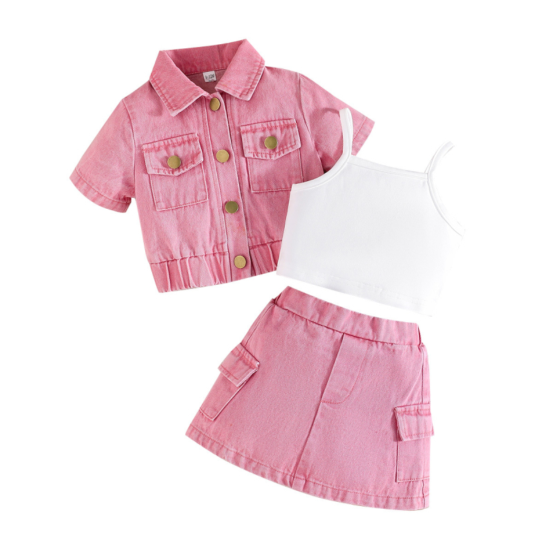 Set din denim pentru fetițe de trei piese: jachetă, bretele și fustă din denim - mâneci scurte, denim din bumbac, vară, vârsta 3–8 ani