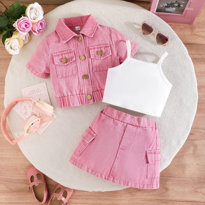 Set din denim pentru fetițe de trei piese: jachetă, bretele și fustă din denim - mâneci scurte, denim din bumbac, vară, vârsta 3–8 ani