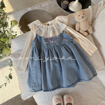 Lányok ujjatlan farmerruha, hercegnő-stílus, virágos minta, 1–3 éveseknek, tavasz és ősz